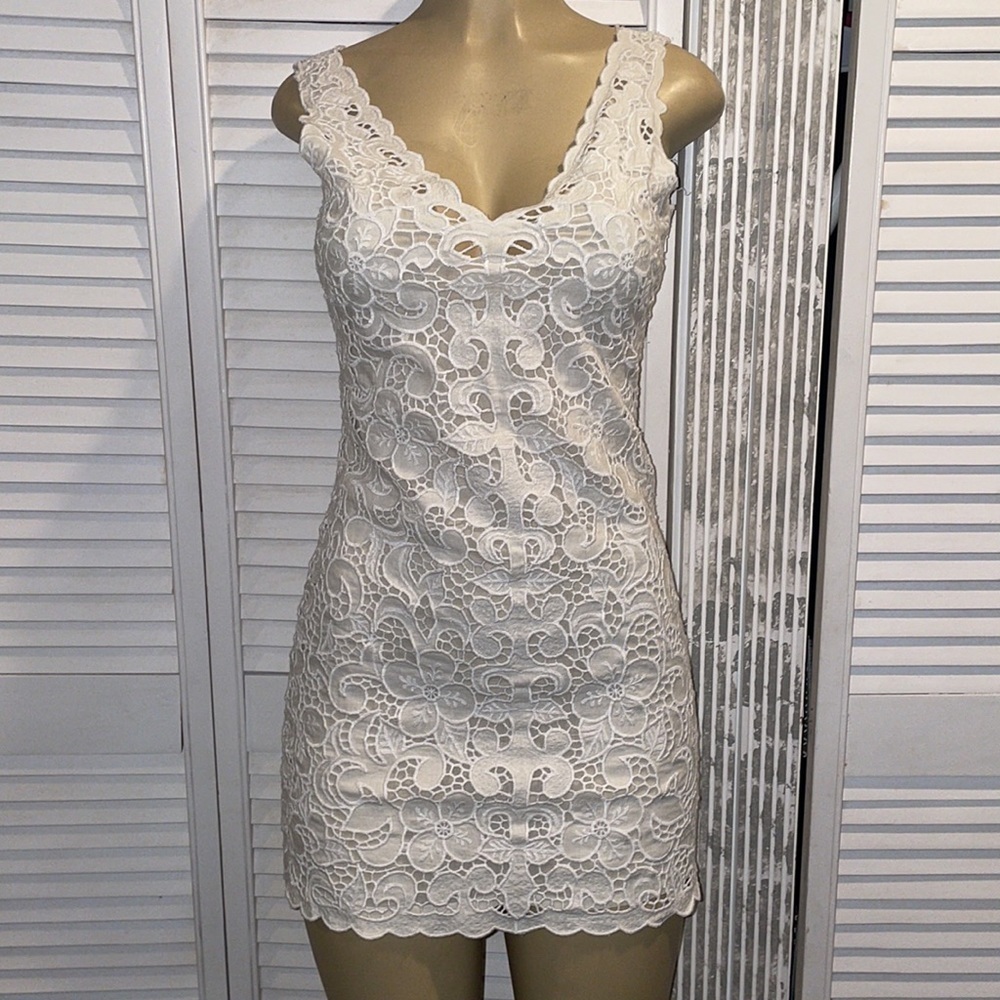 CALYPSO ST. BARTH DRESS KAGAMI WHITE LINEN EMBROIDERED LACE SIZE EXTRA SMALL - Picture 4 of 9